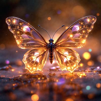 Primary subject: A butterfly with a glowing body.

Setting/background: The butterfly is sitting on a damp surface, possibly a wet ground or a damp leaf.

Visual style: The image is a digital art or illustration of a butterfly.

Colors and mood: The butterfly has a glowing body, which creates a warm and luminous atmosphere.